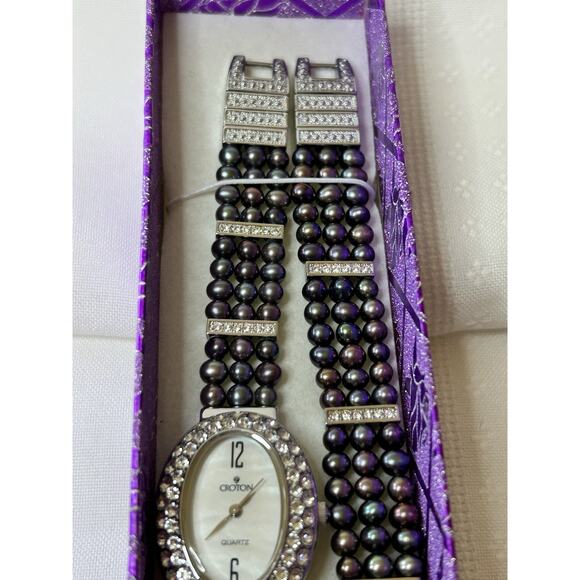 Croton Women\'s Mother of Pearl Watch & Bracelet Set Crystal Halo Tahitian Pearl